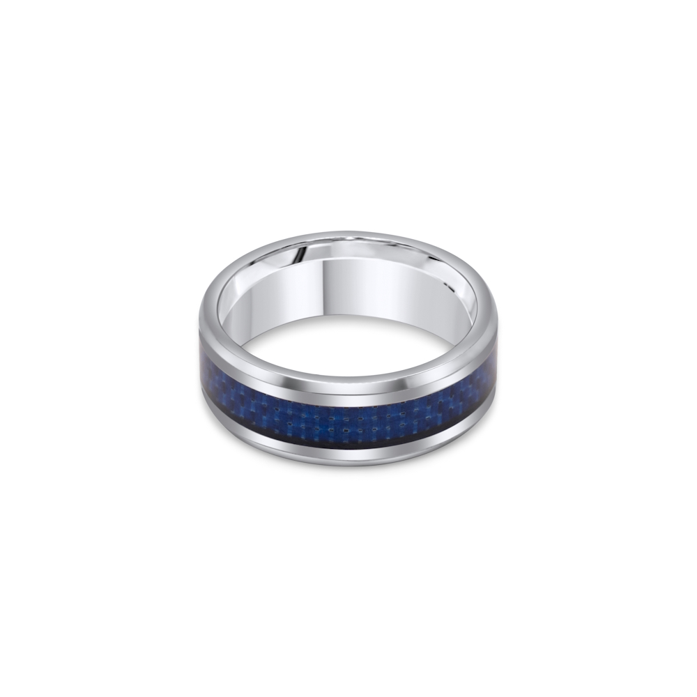Tungsten 8mm Polished With Blue Carbon Fiber Inlay Gents Band - Image 2