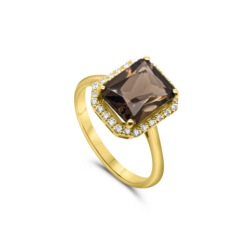 9ct Yellow Gold Smokey Quartz & Diamond Halo Ring