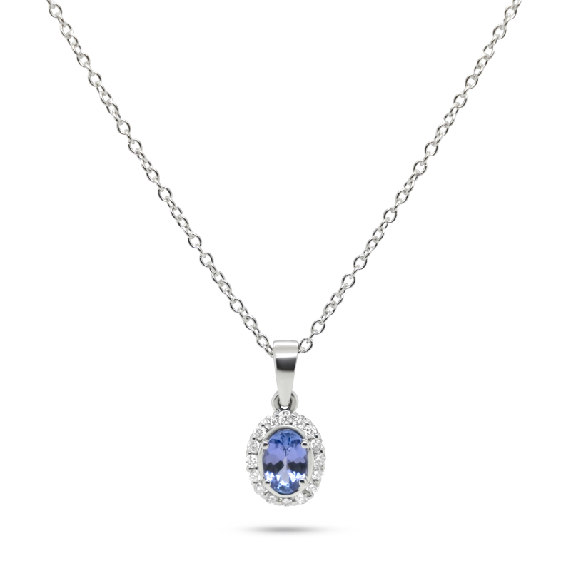 9ct White Gold 0.80ct Oval Tanzanite & Diamond Halo Pendant
