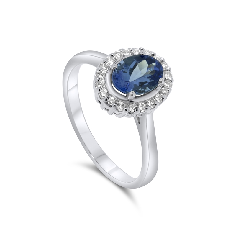 9ct White Gold Oval Cut Tanzanite & Diamond Halo Ring