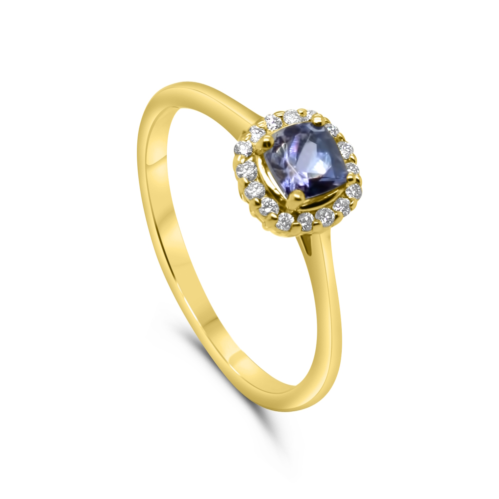 9ct Yellow Gold Cushion Cut Tanzanite & Diamond Halo Ring