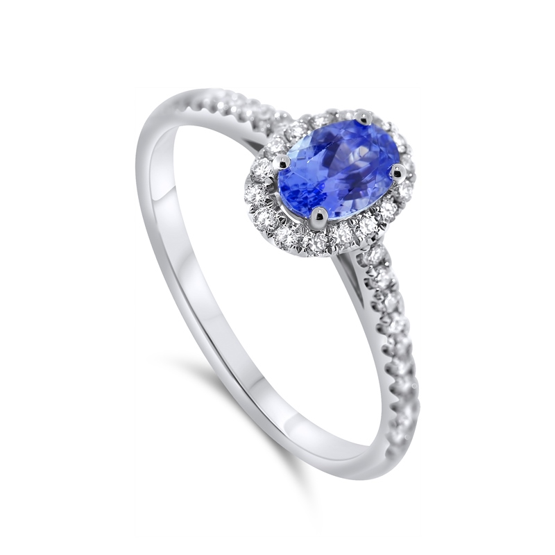 14ct White Gold Oval Cut Tanzanite & Diamond Halo Ring