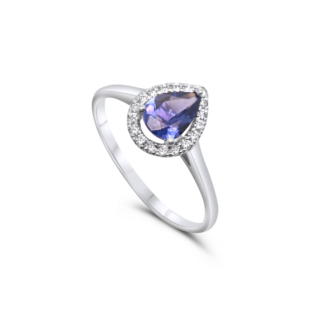 9ct White Gold Pear Shape Tanzanite & Diamond Halo Ring