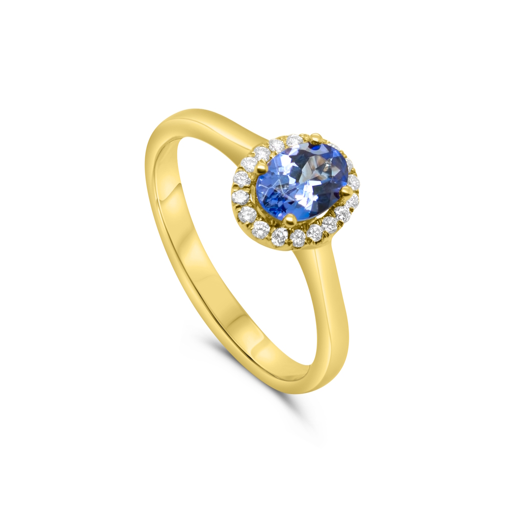 9ct Yellow Gold Oval Tanzanite & Diamond Halo Ring