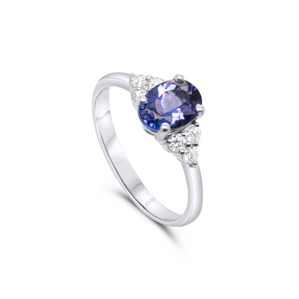 9ct White Gold Oval Tanzanite & Diamond Trilogy Ring